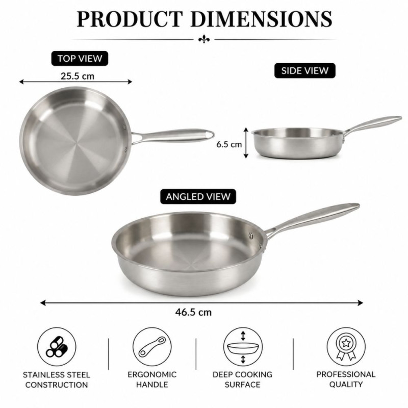 Trusted Line Frying Pan Designed for Everyday Cooking & Kitchen Excellence – Silver (H-6.5cm x W-25.5cm)