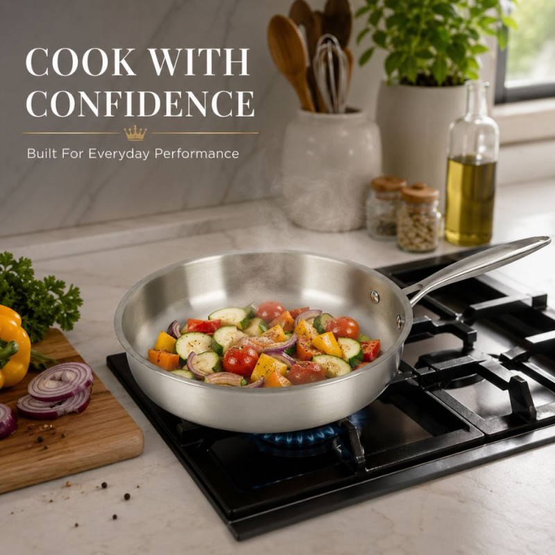 Trusted Line Frying Pan Designed for Everyday Cooking & Kitchen Excellence – Silver (H-6.5cm x W-25.5cm)