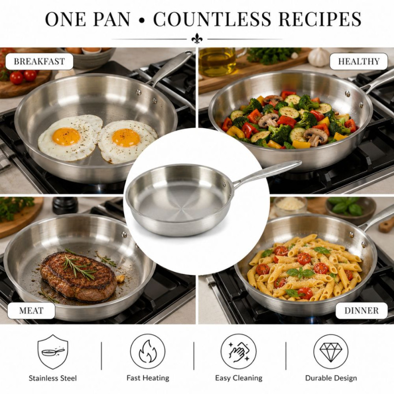 Trusted Line Frying Pan Designed for Everyday Cooking & Kitchen Excellence – Silver (H-6.5cm x W-25.5cm)