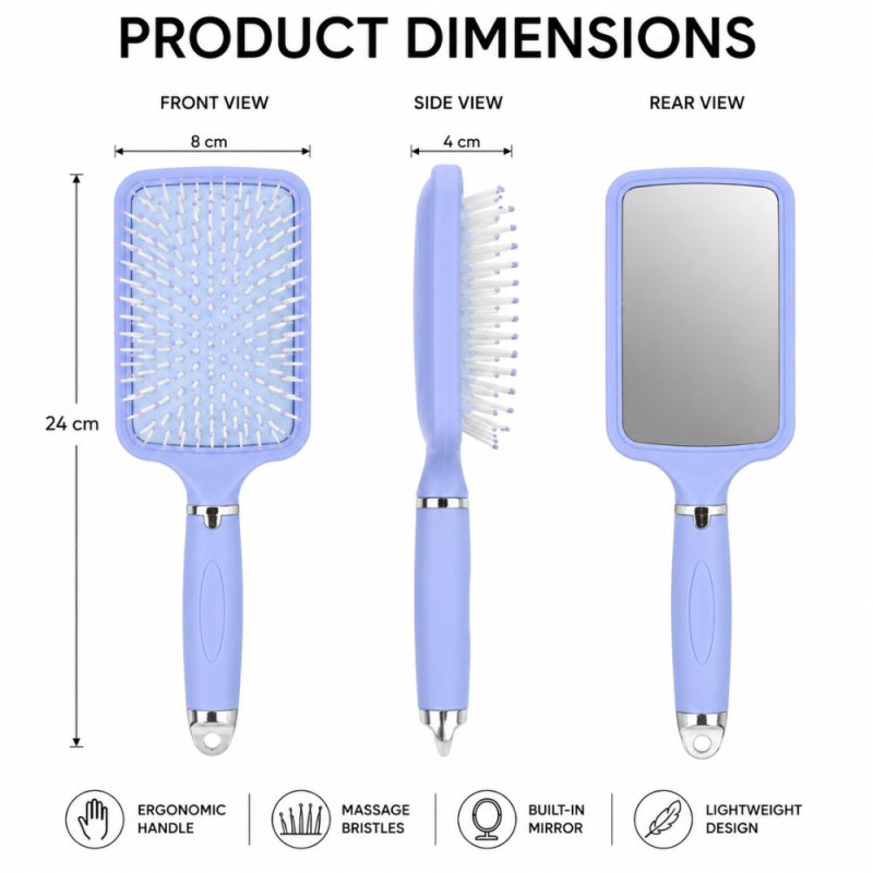 Quality Hair Brush with Mirror – Lavender Premium Quality (24 x 8 x 4 cm)