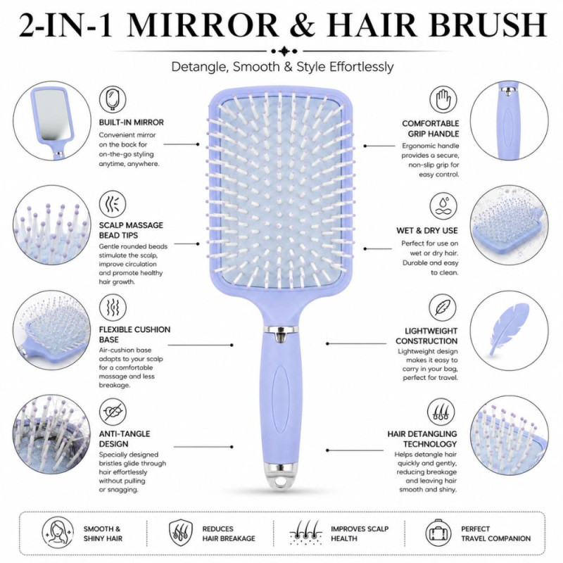 Quality Hair Brush with Mirror – Lavender Premium Quality (24 x 8 x 4 cm)