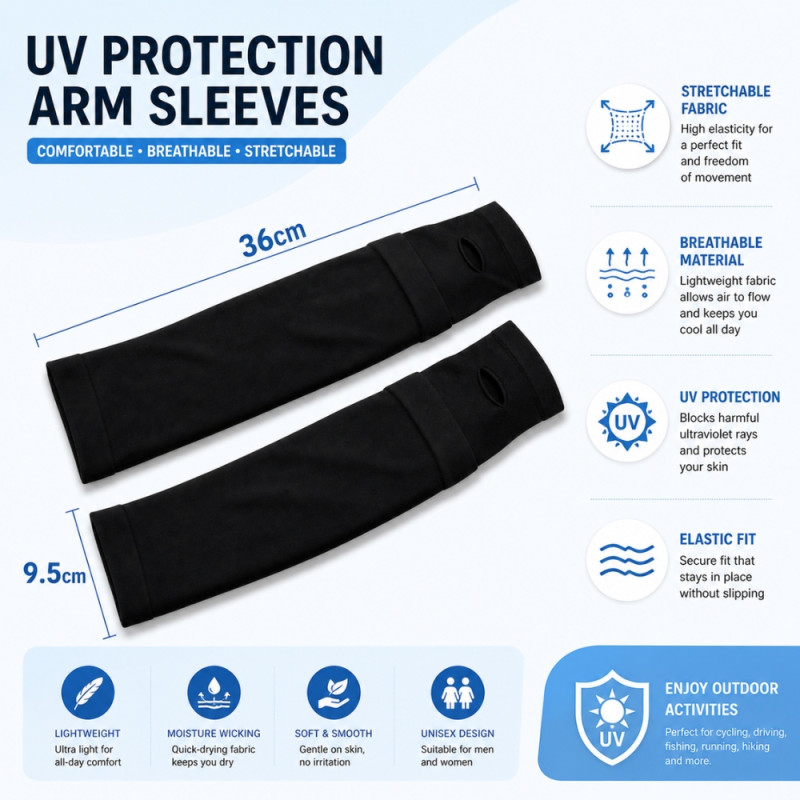UV Protection Arm Sleeves – Stretchable & Breathable Fabric – Black (36x9.5cm)
