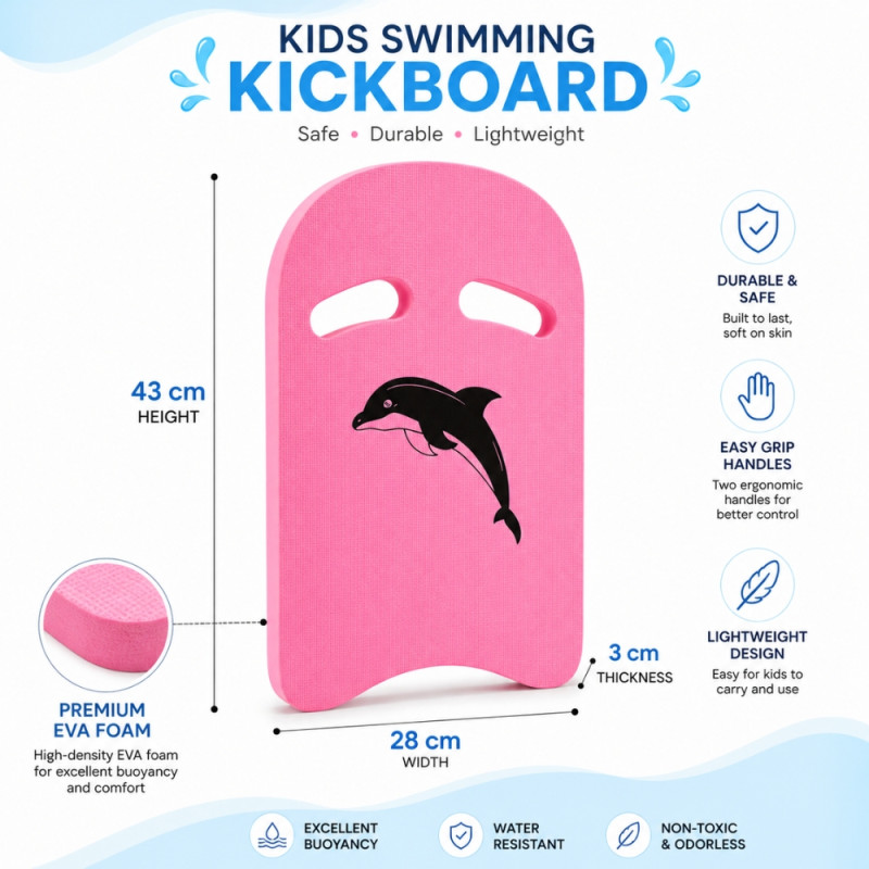 Kids' Pink Dolphin Foam Swimming Kickboard with Dual Hand Grips (43x28cm)