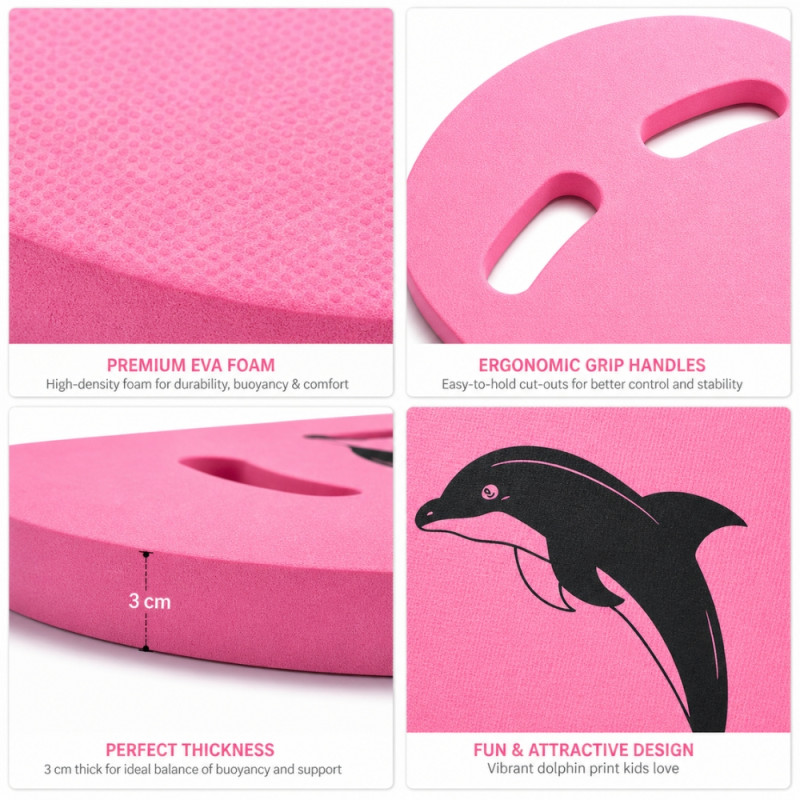 Kids' Pink Dolphin Foam Swimming Kickboard with Dual Hand Grips (43x28cm)