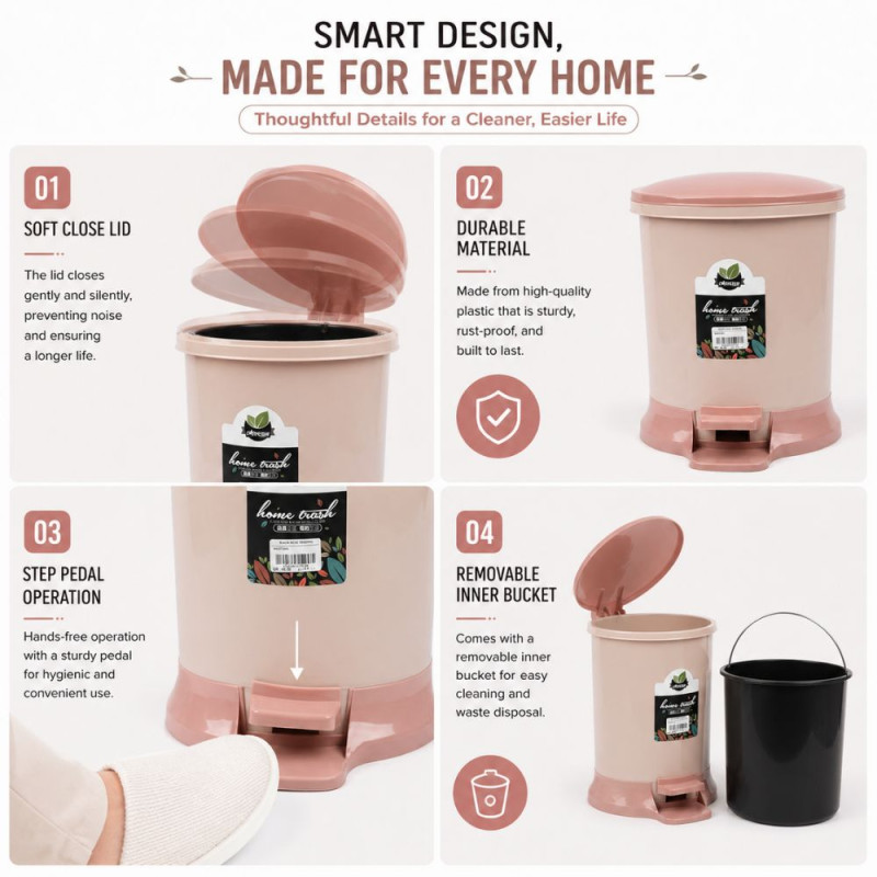 Professional Plastic Pedal Trash Bin – Beige &amp; Salmon Dual-Tone (27cm)