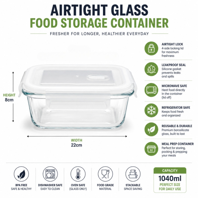 Transparent Glass Food Storage Containers with Airtight, Snap-Lock Lids – 8 x 22cm