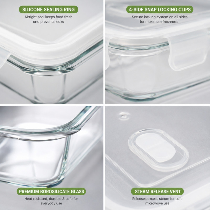 Transparent Glass Food Storage Containers with Airtight, Snap-Lock Lids – 8 x 22cm