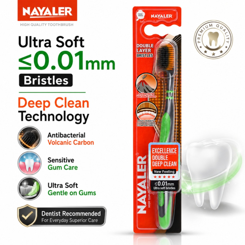 Unfiltered Charcoal Antibacterial Soft Toothbrush featuring double-layer bristles for deep cleaning – Black &amp; Green (19cm)