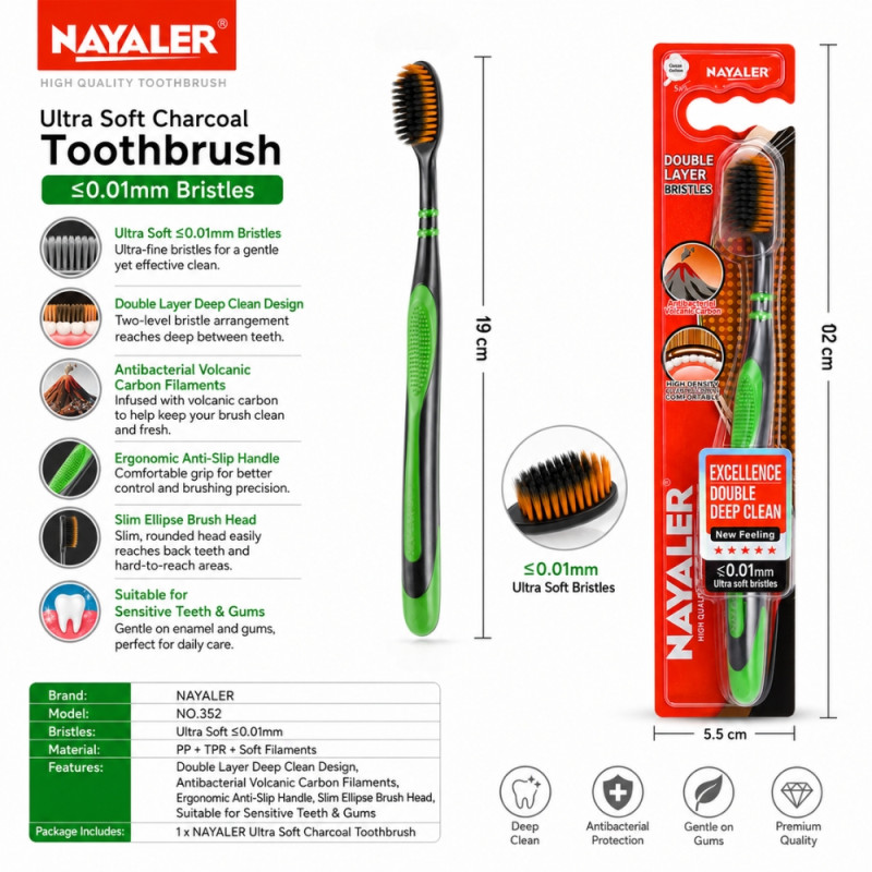 Unfiltered Charcoal Antibacterial Soft Toothbrush featuring double-layer bristles for deep cleaning – Black &amp; Green (19cm)
