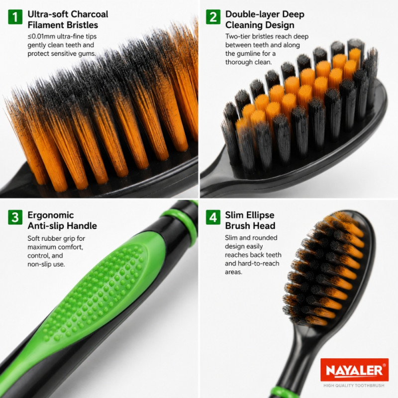 Unfiltered Charcoal Antibacterial Soft Toothbrush featuring double-layer bristles for deep cleaning – Black &amp; Green (19cm)