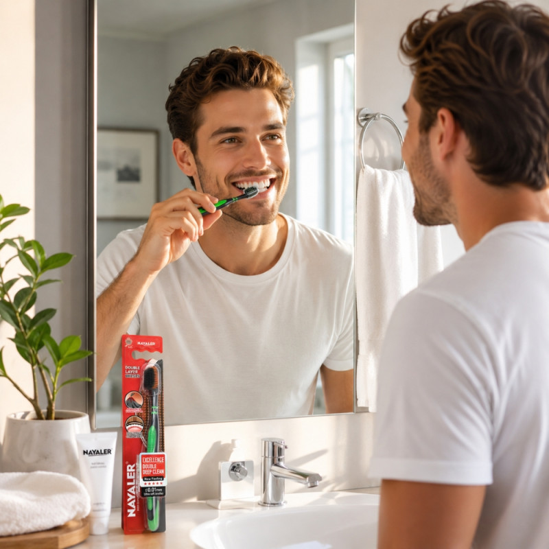 Unfiltered Charcoal Antibacterial Soft Toothbrush featuring double-layer bristles for deep cleaning – Black &amp; Green (19cm)