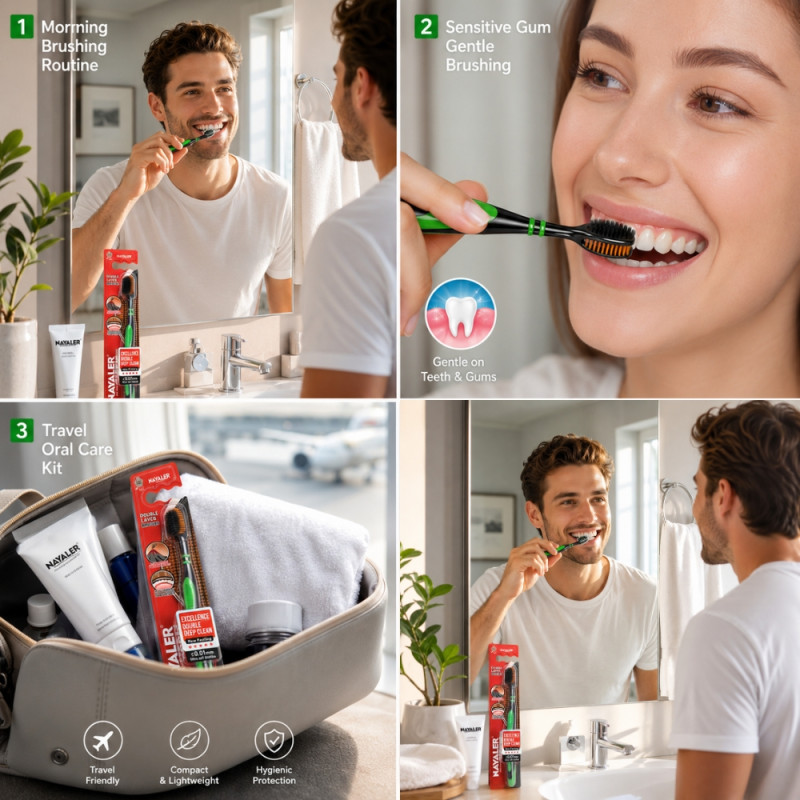 Unfiltered Charcoal Antibacterial Soft Toothbrush featuring double-layer bristles for deep cleaning – Black &amp; Green (19cm)