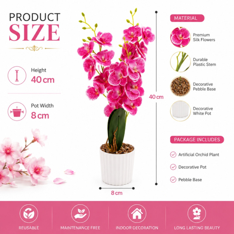 Deluxe Artificial Flowers – Hot Pink Premium Quality (40cm)