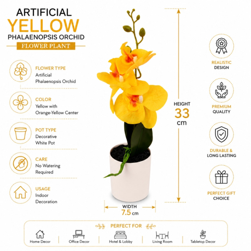 Eco Friendly Artificial Orchid Designed for Home Décor &amp; Event Styling – Yellow (H-33, W-7.5 CM)