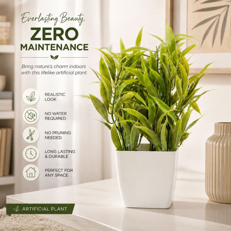 Professional Dekorly Green Artificial Plant – Lush Faux Greenery in White Pot (28cm)