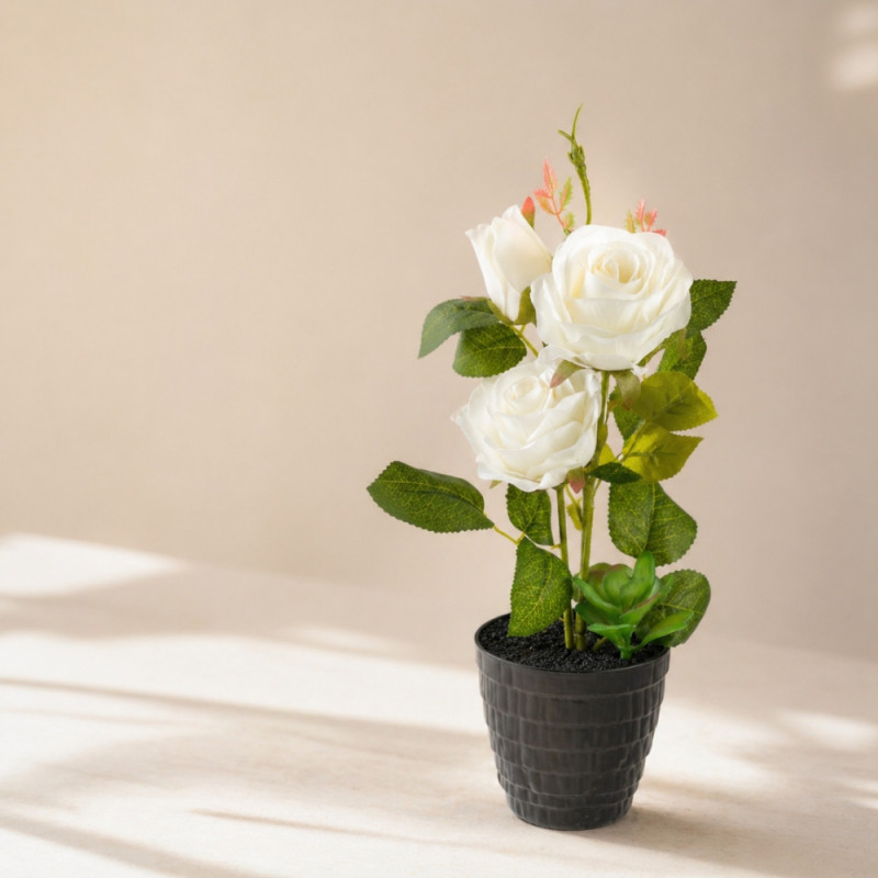 Professional Artificial White Rose – Elegant Floral in Black Ceramic Pot (34cm)