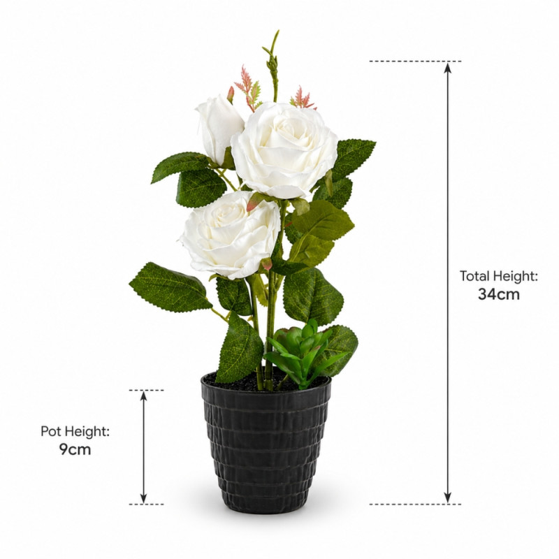 Professional Artificial White Rose – Elegant Floral in Black Ceramic Pot (34cm)