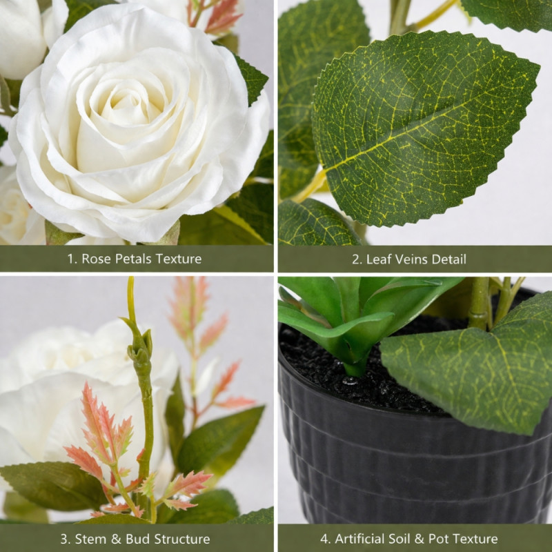 Professional Artificial White Rose – Elegant Floral in Black Ceramic Pot (34cm)