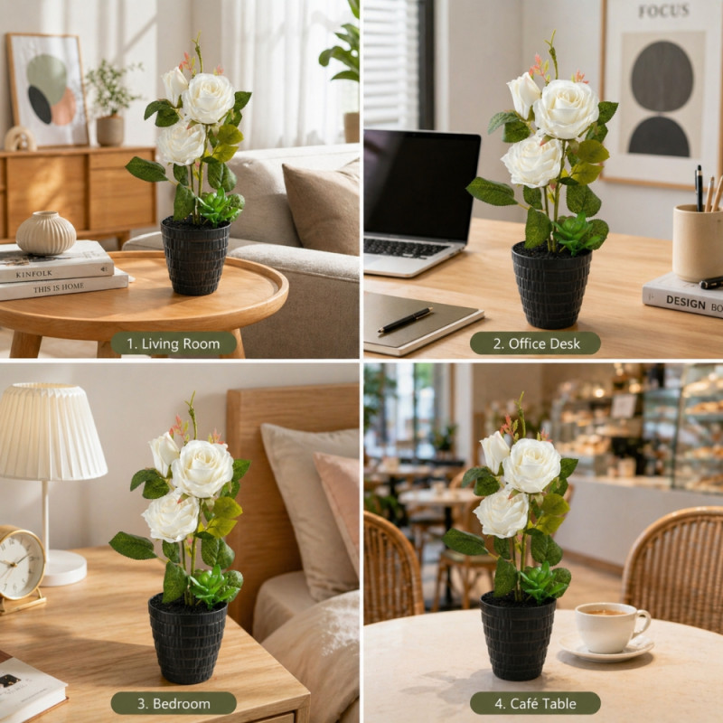 Professional Artificial White Rose – Elegant Floral in Black Ceramic Pot (34cm)
