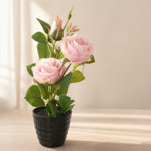 Professional Artificial Pink Rose – Elegant Floral in Black Pot (34cm)
