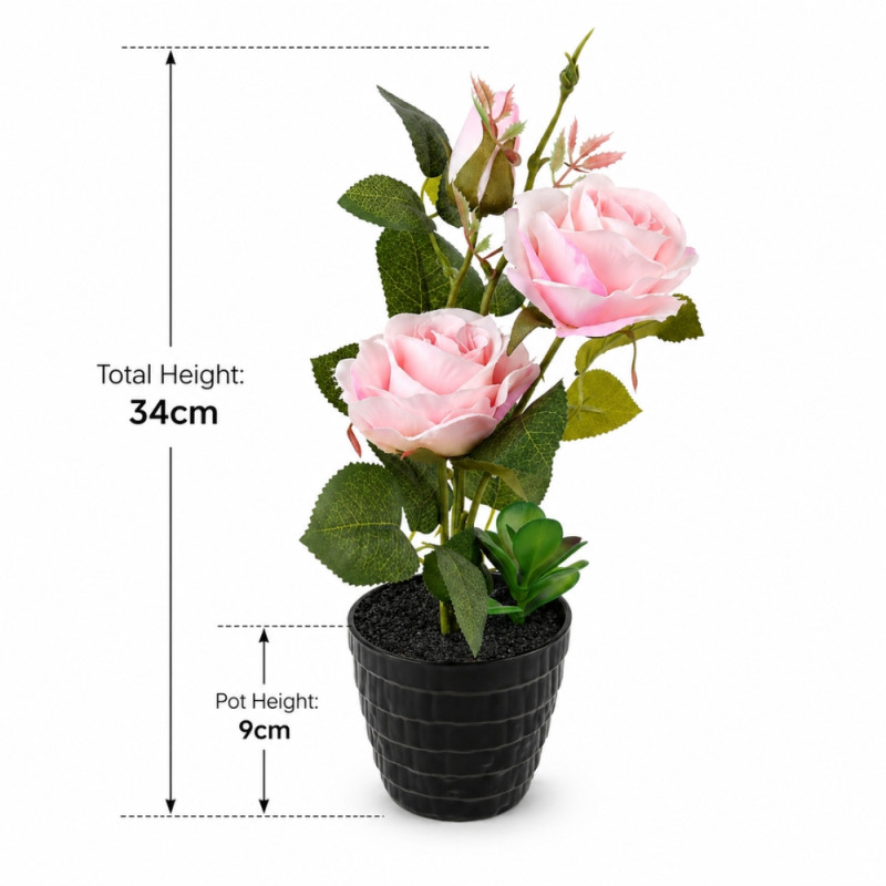 Professional Artificial Pink Rose – Elegant Floral in Black Pot (34cm)