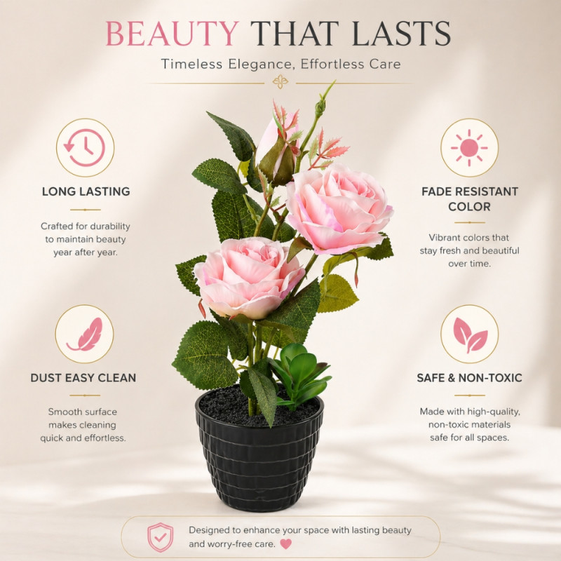 Professional Artificial Pink Rose – Elegant Floral in Black Pot (34cm)