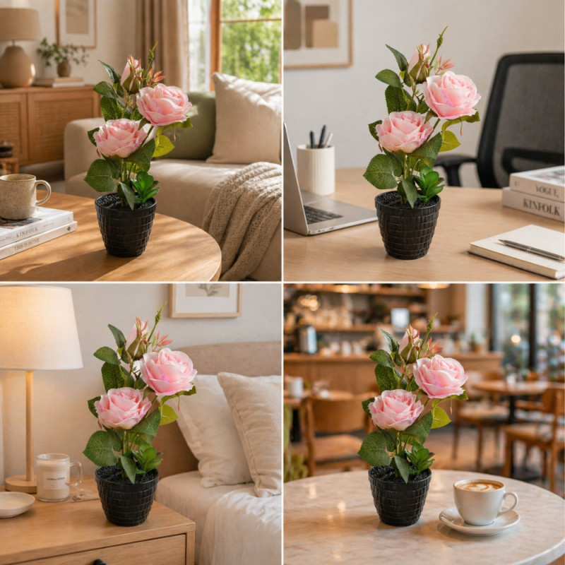 Professional Artificial Pink Rose – Elegant Floral in Black Pot (34cm)