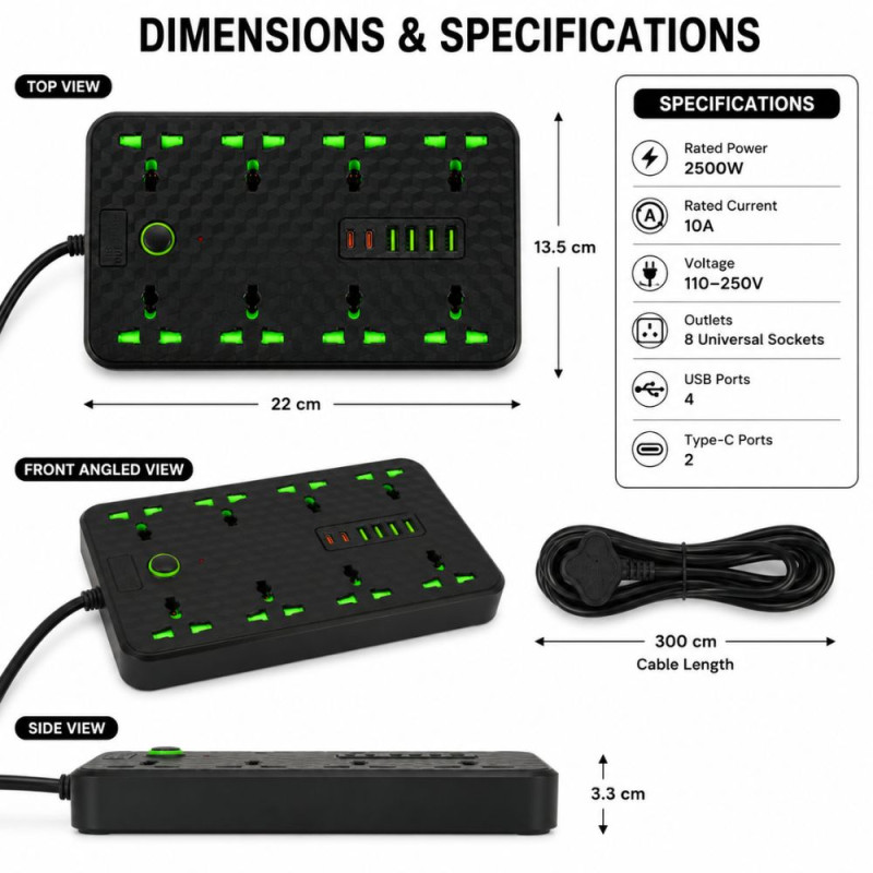 Noir Finish Power Strip Designed for Convenient Power &amp; Connectivity – Black (H-22, W-13.5 CM)
