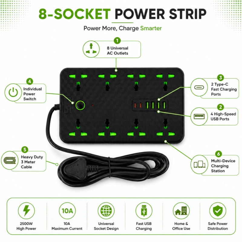 Noir Finish Power Strip Designed for Convenient Power &amp; Connectivity – Black (H-22, W-13.5 CM)