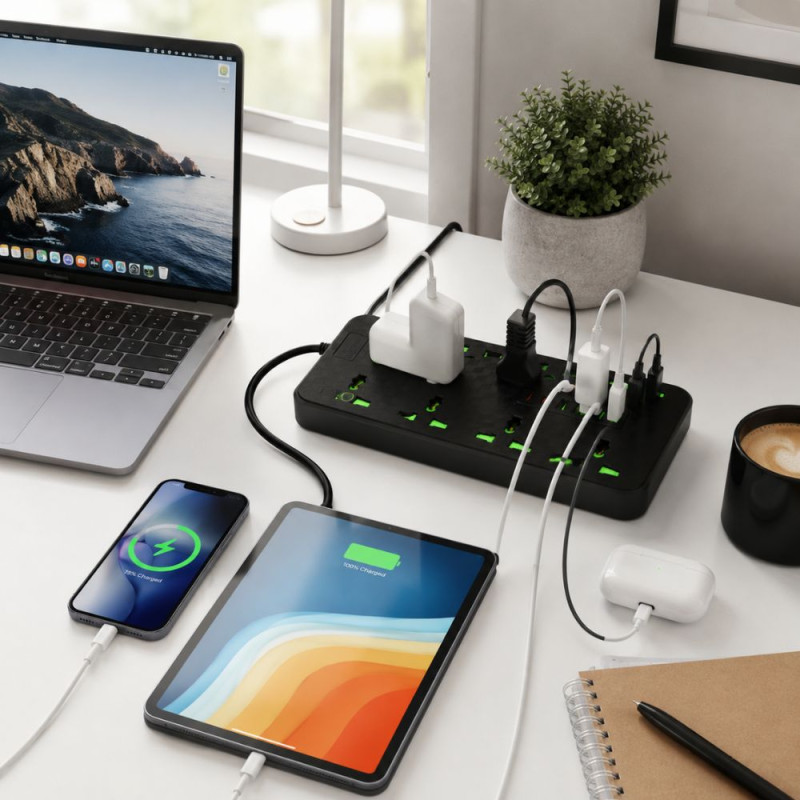 Noir Finish Power Strip Designed for Convenient Power &amp; Connectivity – Black (H-22, W-13.5 CM)
