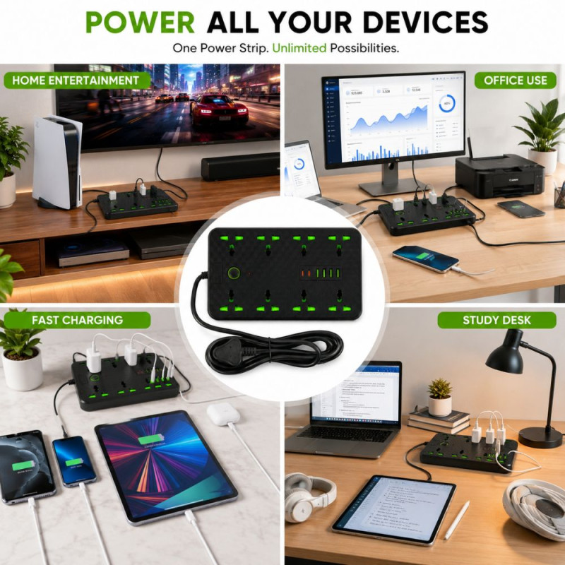 Noir Finish Power Strip Designed for Convenient Power &amp; Connectivity – Black (H-22, W-13.5 CM)