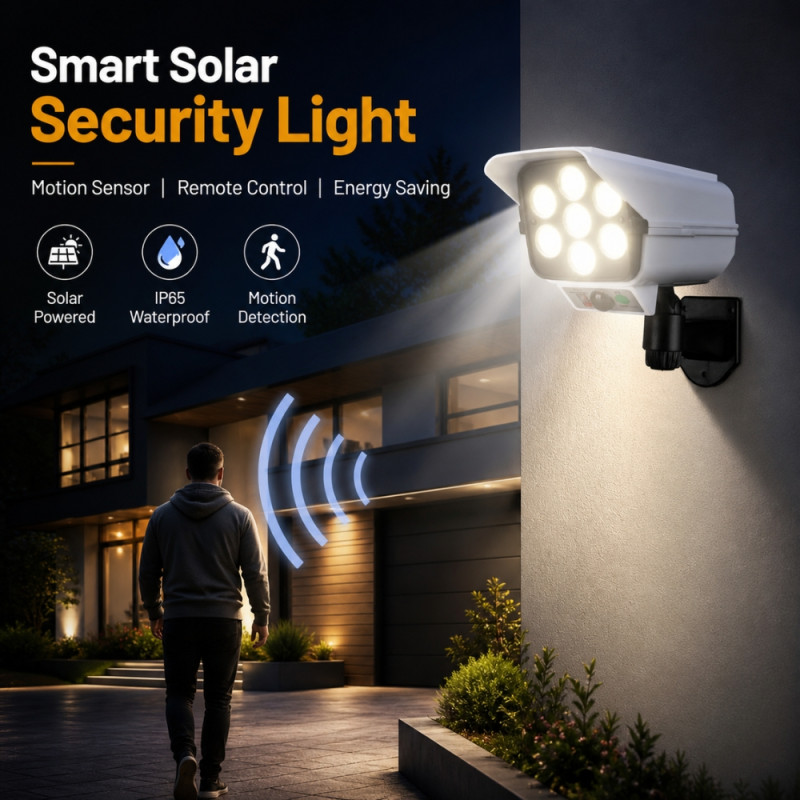 Solar-Powered LED Security Light – Dummy Camera Design – White (18cm)