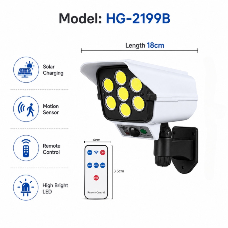 Solar-Powered LED Security Light – Dummy Camera Design – White (18cm)