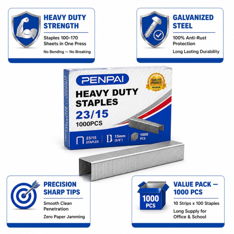 Penpai Heavy Duty Staples – Model 23/15 High-Capacity Silver (15mm)
