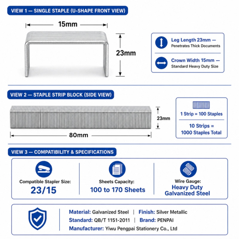 Penpai Heavy Duty Staples – Model 23/15 High-Capacity Silver (15mm)