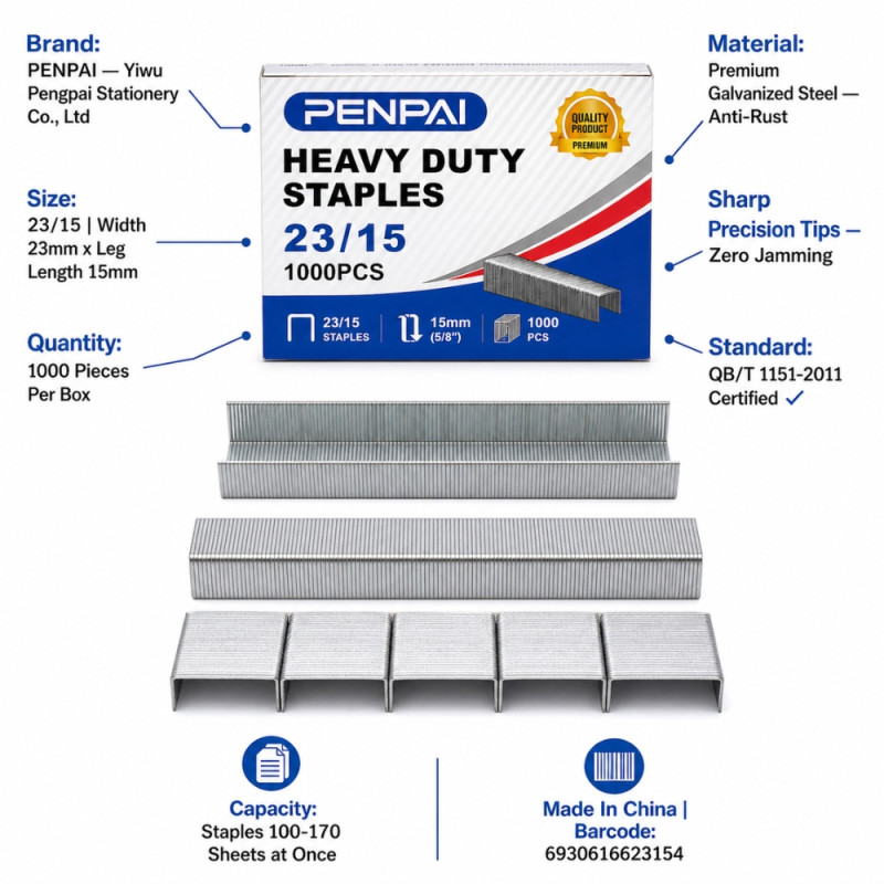 Penpai Heavy Duty Staples – Model 23/15 High-Capacity Silver (15mm)