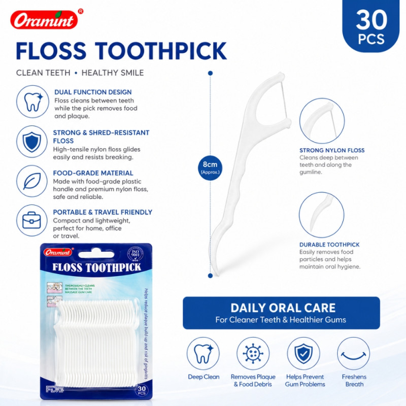 Eco-Conscious Oramint dental floss toothpick 30-pack card – White (30PCS)