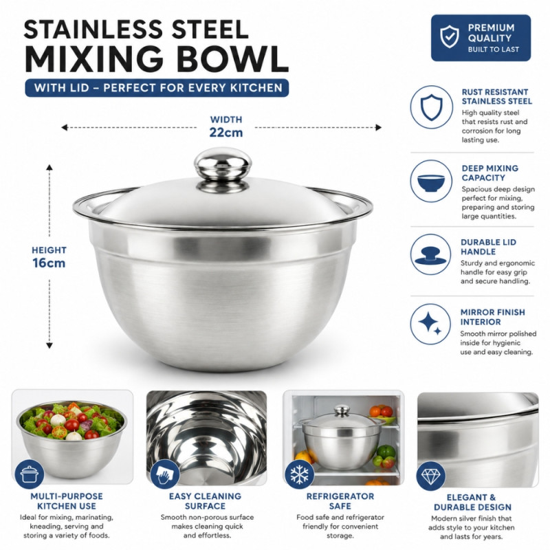 Deep Stainless Steel Mixing Bowls with Lids – 16 x 22cm – Silver