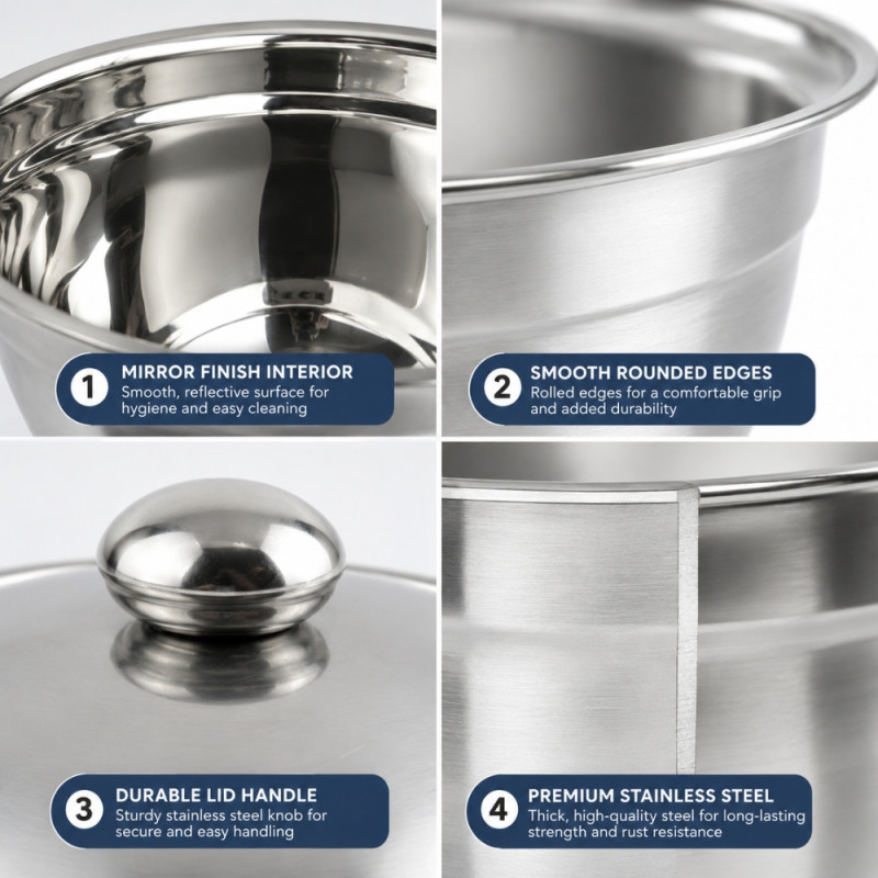 Deep Stainless Steel Mixing Bowls with Lids – 16 x 22cm – Silver