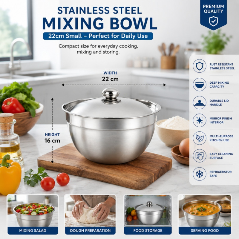 Deep Stainless Steel Mixing Bowls with Lids – 16 x 22cm – Silver