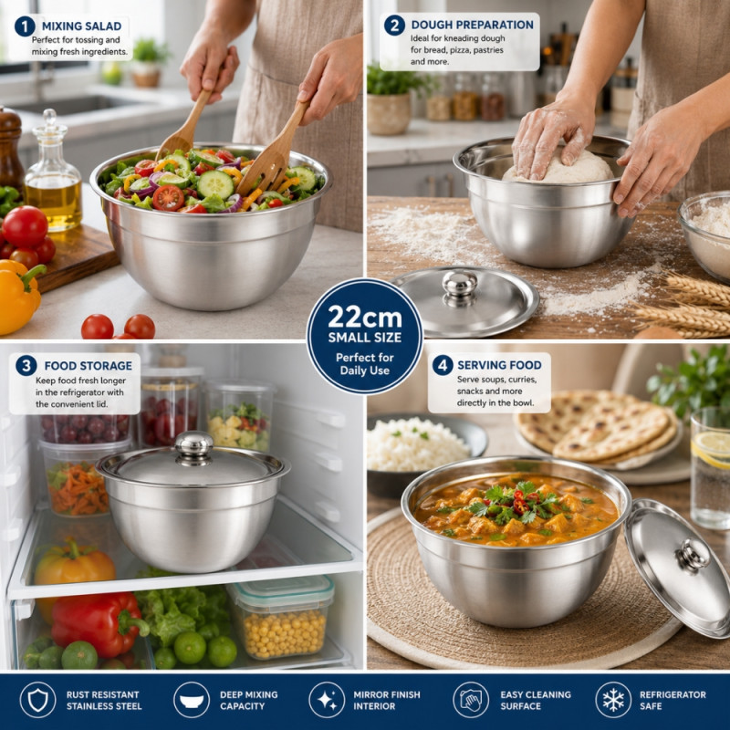Deep Stainless Steel Mixing Bowls with Lids – 16 x 22cm – Silver
