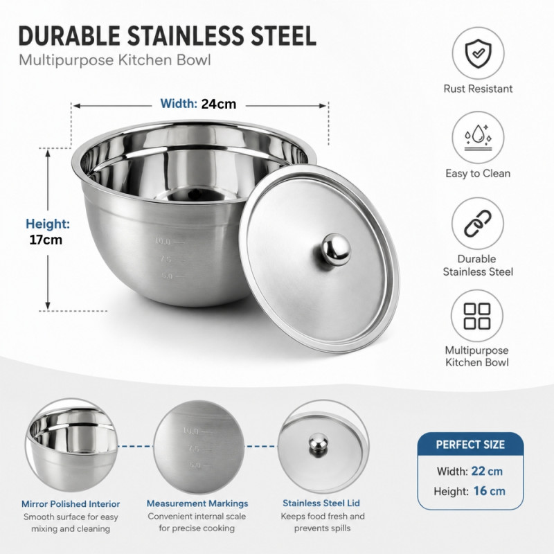 Stainless Steel Mixing Bowls with Measurement Markings & Lids – 17 x 24cm – Silver