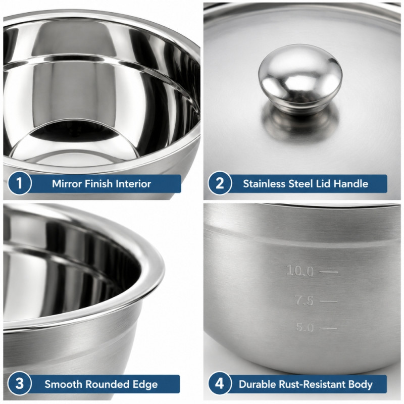 Stainless Steel Mixing Bowls with Measurement Markings & Lids – 17 x 24cm – Silver
