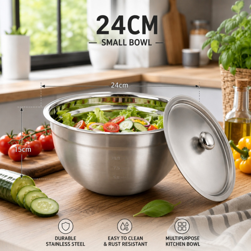 Stainless Steel Mixing Bowls with Measurement Markings & Lids – 17 x 24cm – Silver