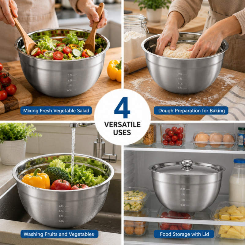 Stainless Steel Mixing Bowls with Measurement Markings & Lids – 17 x 24cm – Silver