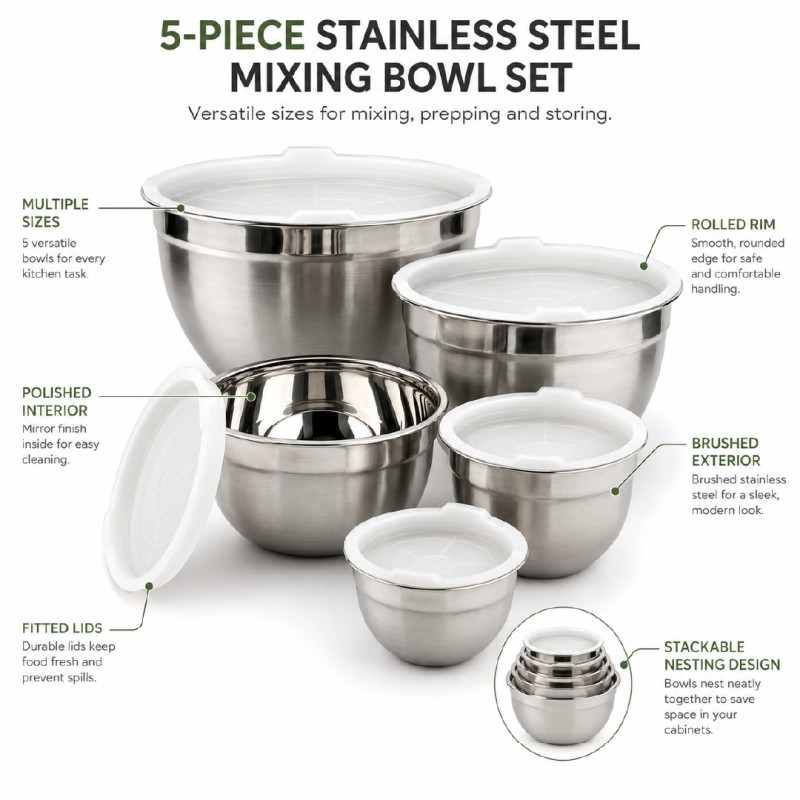 Stainless Steel Mixing Bowl Set with Lids – 4-Piece Nesting Set – Silver