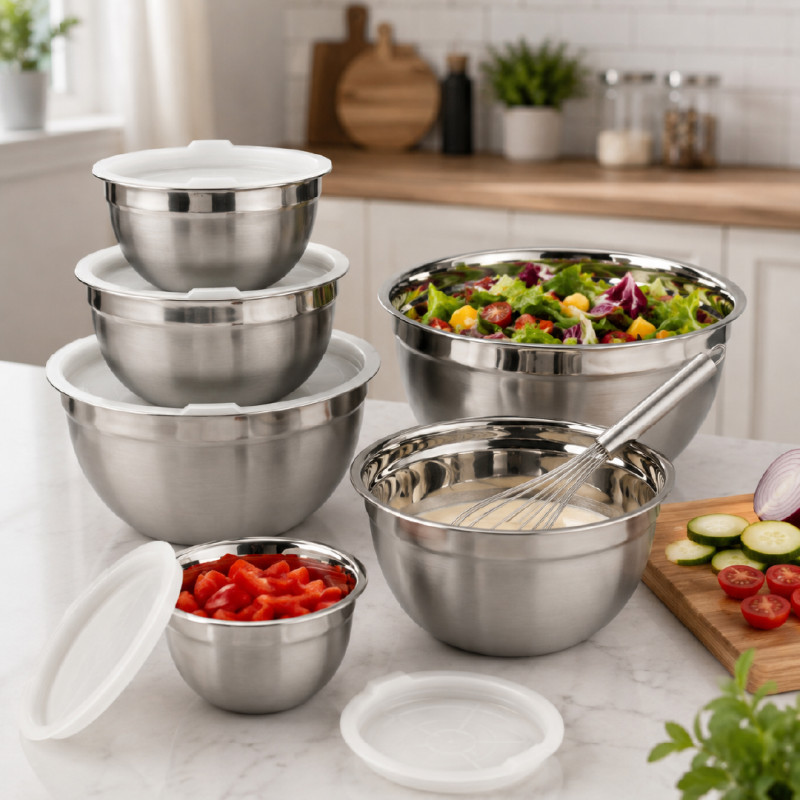 Stainless Steel Mixing Bowl Set with Lids – 4-Piece Nesting Set – Silver