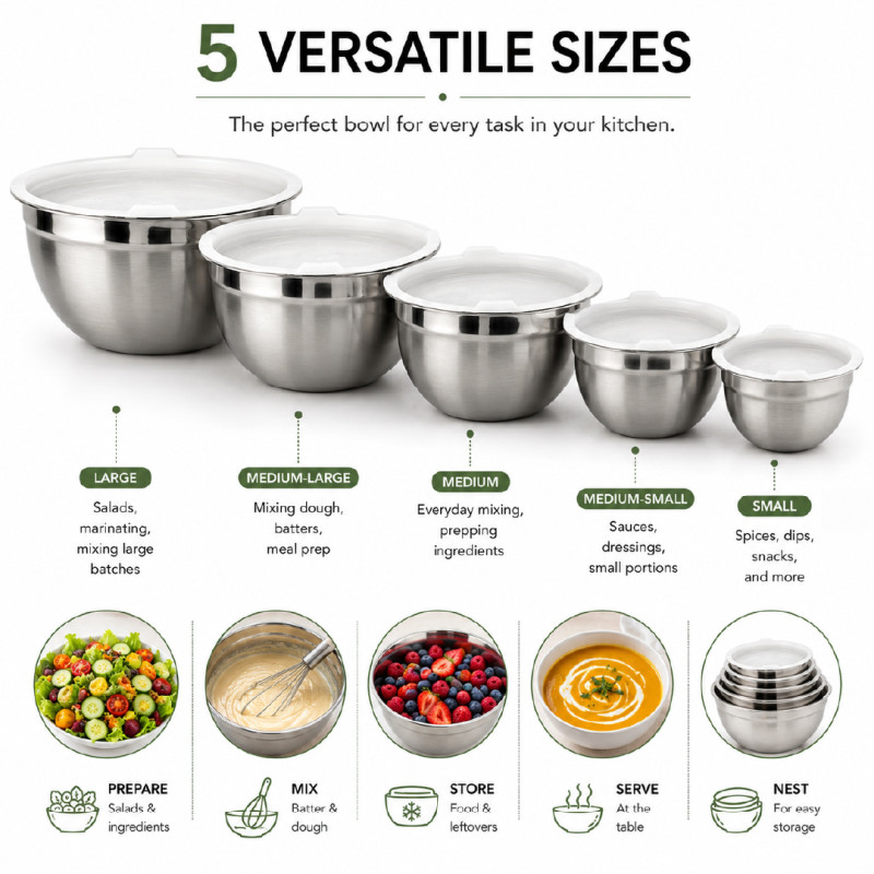 Stainless Steel Mixing Bowl Set with Lids – 4-Piece Nesting Set – Silver