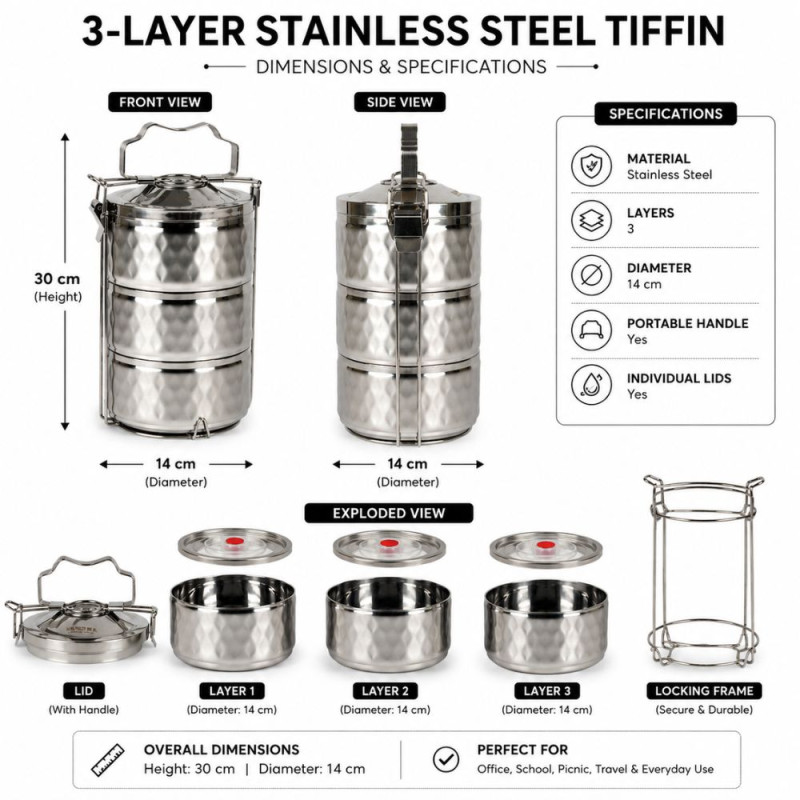Premium 3 Layer 14Cm Lunch-Box – Silver Premium Quality (30 x 14 cm)