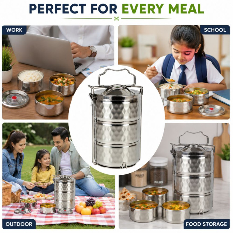 Premium 3 Layer 14Cm Lunch-Box – Silver Premium Quality (30 x 14 cm)